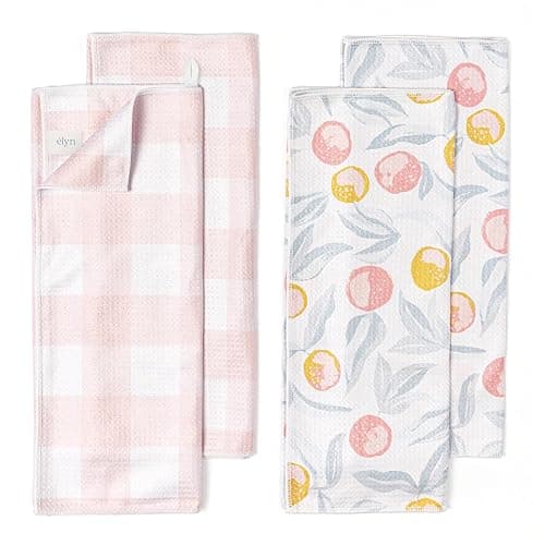 ELYN Microfiber Kitchen Dish Towel Set, Quick-Dry & Absorbent Waffle Weave Cleaning Towels, Set of 4 Kitchen Towels, Paper Towels Alternative (Oranges & Gingham) - Image 1