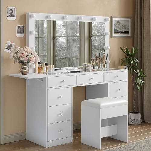 Vanity Desk with Power Outlet, 9 Drawers Makeup Vanity with Mirror and 12 LED Lights, 3 Lighting Modes, Brightness Adjustable, Glass Top Vanity Set, Fold-up Panel, Dressing Table for Bedroom thumbnail 8