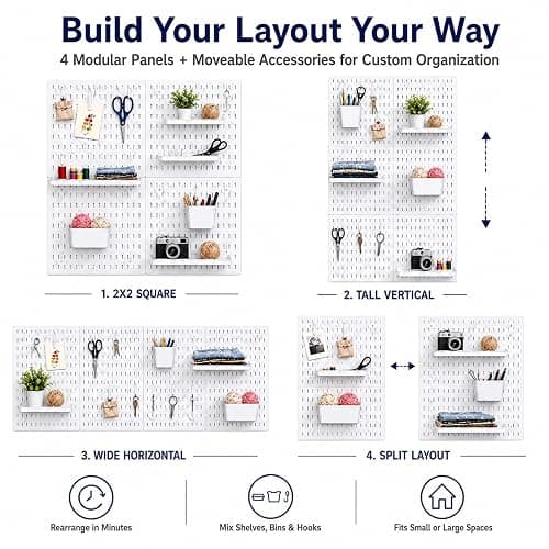 PSLER 22"×22" White Pegboard Kit with 17 Accessories, Garage Office Storage | Pegboard，Complete Hooks Accessories Kit, Multi-scene Organizer, Wall Mount Space Saving,Fits All Wall Surfaces thumbnail 8