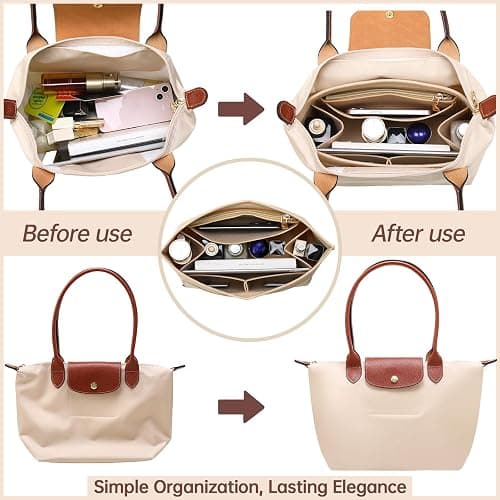 OPPOSHE Purse Organizer Insert for Longchamp Le Pliage, Premium Felt Long Champ Bag Handbag Women, Tote Organizer Insert with 9 Compartments (Large, Beige) thumbnail 3