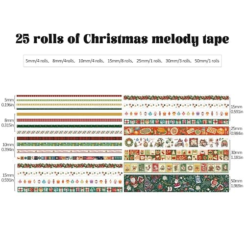 25 Rolls Christmas Gift Washi Tape Set, Festivals New Year Decorative Tapes for Scrapbooking, Junk Journal supplies, DIY Crafts Gift, Party Decorations, Bullet Journaling, 5-50mm Wide 9.84ft long/Roll thumbnail 3