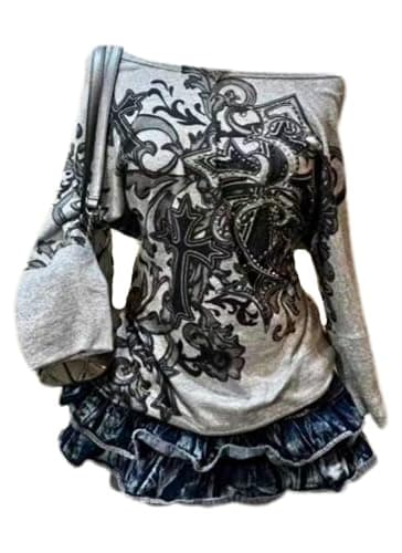 JOLILUNA Emo Grunge Long Sleeve Shirt for Women Y2k Goth Top 90s Vintage Graphic Tees 2000s Mcbling Clothes - Image 1