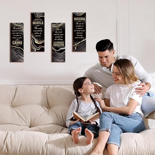 Honoson 4 Pcs Black and Gold Bathroom Decor Inspirational Quote Wooden Sign with Grind Hustle Execute Success Gold Art Signs Bathroom Hanging Accessories for Bedroom Living Room Kitchen(11.8 x 4 Inch) thumbnail 7
