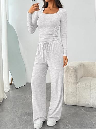 Trendy Queen 2 Piece Scoop Neck Lounge Set Womens Wide Leg Pants Side Ruching Slightly Crop Top Sweatsuit Sets With Pockets thumbnail 3