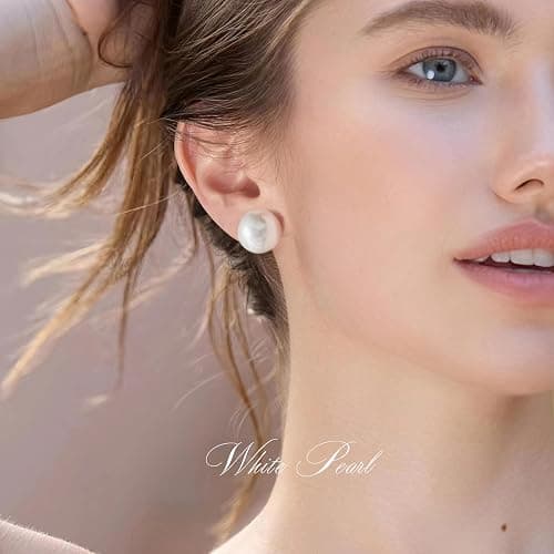 Trendy Big Simulated Pearl Earrings for Women, 925 Sterling Silver Post 14/12MM Oversized Large Pearl Studs Bride Bridesmaid Wedding Earrings Jewelry Gifts thumbnail 2