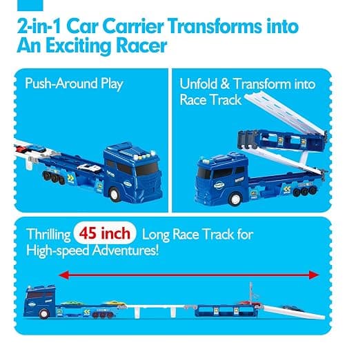 hahaland Toys for 3 Year Old Boy Gift - 2 in 1 Car Carrier Transforms into Race Tracks Toys with Dual Launcher Truck for Kids Ages 3-5 - Car Sets for Boys 3 Year Old Boy Gifts thumbnail 3