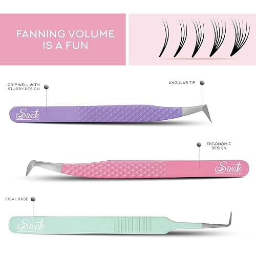 SIVOTE Lash Tweezers for Eyelash Extensions, Set of 3 - Volume, Volume Boot, Slim 90 Degree Tweezers with Fiber Tips in Pastel Colors, Ideal for Mega, Volume & Russian Lashes - Includes Leather Pouch thumbnail 2
