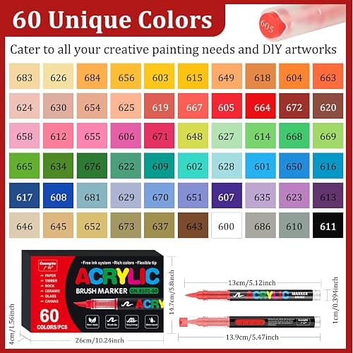 Gelanty rotuladores acrilicos, 60 colores marcadores acrílicos con Punta de Pincel Flexible, Líquido Directo acrylic brush markers para Pintura sobre Roca, Cerámica, Madera, Vidrio thumbnail 2