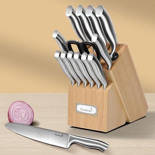 Kuisine Premium Sharp Knife Set Carbon Steel Forged,Ergonomic Handle Knife Block Set,Kitchen Block Knife Set,Chef Knife Set Built-in Sharpener(Silver Pro, 15PCS) thumbnail 2