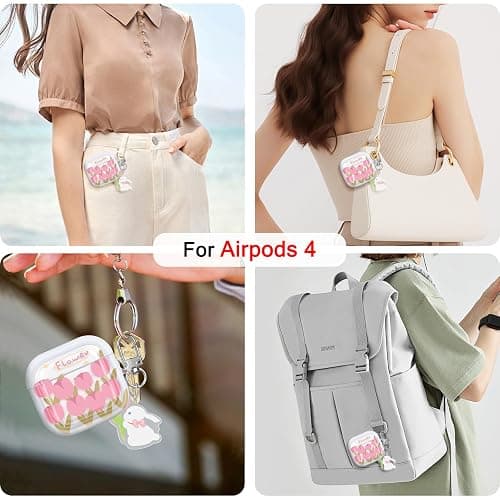 CameCosy Case Compatible for Airpods 4 Generation 2024 with Pendant, Cute Flower Cover with Pink Tulips Pattern for Girls Women, Protective Case in Shockproof Anti-Scratch Anti-Slip Anti-dust TPU thumbnail 6