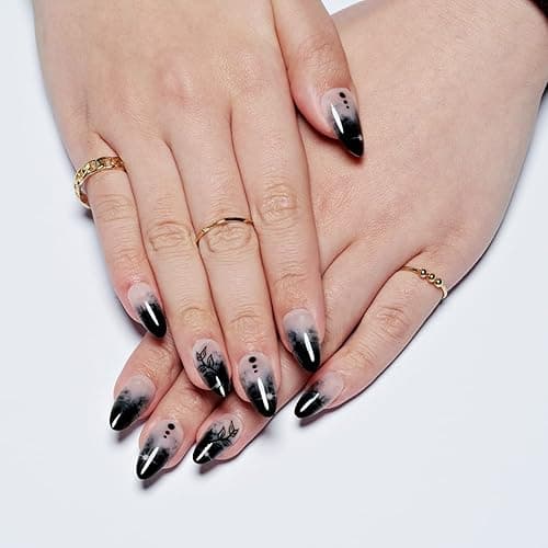 GLAMERMAID Press on Nails Medium Almond, Gothic Black Ombre French Tip Gel Glue on Nail, Glossy Short Stiletto Reusable UV Finish Fake Nails Acrylic False Nails Manicure Kits for Women thumbnail 4