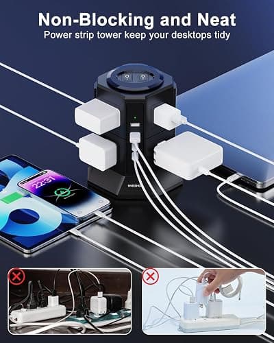Surge Protector Power Strip Tower with 8 AC Outlets 4 USB Ports(2 Type C), 6.5 FT Ultra Flat Extension Cord, Flat Plug Power Strips Tower with Surge Protection for Home, Office, Dorm thumbnail 5