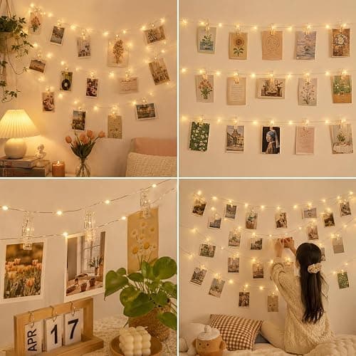 Microwear 33Ft Photo Clip String Lights,USB or Battery Powered,8 Modes 100 LED 10M Hanging String Fairy Lights with Remote,Decoration for Bedroom Christmas Wedding Décor thumbnail 2