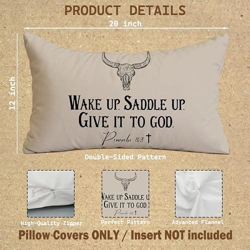 Welshower Rustic Western Christian Brown Pillow Covers 12x20, Christian Room Decor, Proverbs 16:3 Bible Verse Cow Skull Decorative Lumbar Pillow Covers for Couch Sofa Bedroom Living Room Home thumbnail 3