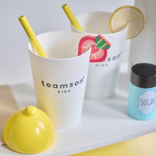 Teamson Kids Wooden Lemonade Stand, Yellow White, Age 3+ | For Toddlers, Pretend Play Grocery Shop, 18 Accessories, Juice Squeezer, Storage Bins thumbnail 2