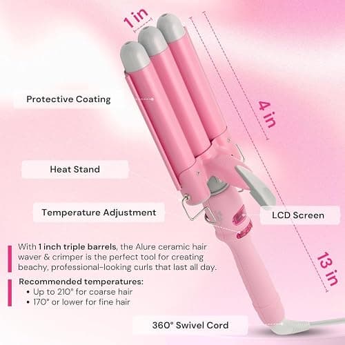 Alure Three Barrel Curling Iron Wand Hair Waver with LCD Temperature Display - 1 Inch Ceramic Tourmaline Triple Barrels, Dual Voltage Crimp (White/Pink) thumbnail 6