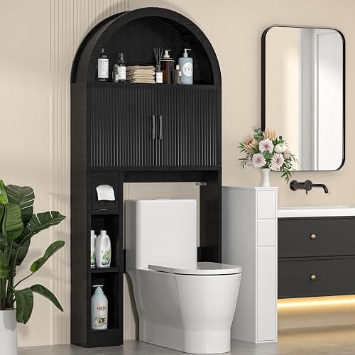 OUTGUAVA Over The Toilet Storage Cabinet, Bathroom Organizer Over Toilet, Arched Storage Organizer Cabinet with Anti-Tip Device and Adjustable Shelf for Washroom Laundry and Restroom, Black thumbnail 5