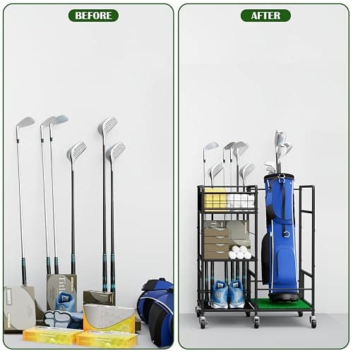 Golf Bag Storage Garage Organizer Golf Bag Stand for Single Golf Bag, Golf Clubs, and Golf Equipment Accessories Golf Bag Holder Storage Rack with Wheels for Garage, Club, Sports, Basement, Black thumbnail 8