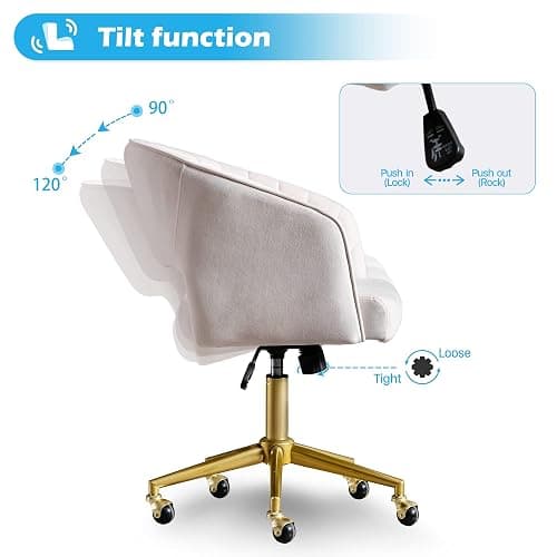 Home Office Chair Swivel Velvet Desk Chair Accent Armchair Upholstered Modern Tufted Chairs with Gold Base for Girls Women Ergonomic Study Seat Computer Task Stools for Living Room(Cream) thumbnail 5