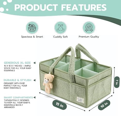 PeraBella Baby Diaper Caddy Organizer for Changing Table, Baby Storage Basket for Diapers and Baby Wipes, Gift for Baby Shower, Car Caddy Organizer, Nursery Diaper Organizer, Portable Diaper Storage - Extra Large - Lily Green thumbnail 5