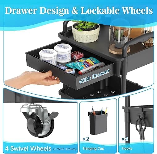 SUNALLY 3 Tier Rolling Cart with Drawer, Craft Storage Cart Organizer,Black | Bathroom Storage Organizer with 2 Lockable Wheels, Rolling Utility Cart for Kitchen, Office, Baby, Makeup, Nail,Snack,Laundry thumbnail 4