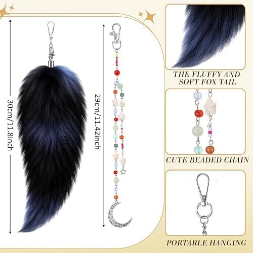 Nosiny 11.8 Inch Fluffy Therian Fox Tail Keychain and Beaded Pendant Keychain for Cosplay Costume Keyring Bag Accessory thumbnail 2