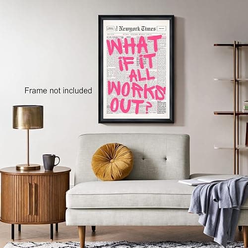 Retro Newspaper Pink Font Canvas Wall Art What If It All Works Out Poster Positive Affirming Quote Minimalist Canvas Prints Painting For Home Bedroom Dorm Wall Decor 12x16in Unframed thumbnail 6