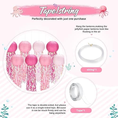 8pack Pink Jellyfish Party Decorations,Jellyfish Lantern Hanging，with Tape and String,Mermaid Birthday Decorations for Birthday,Mermaid,Baby Shark,Ocean Themed Party Supplies thumbnail 3