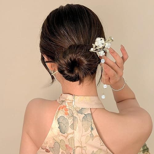 2Packs Lily of the Valley Chinese Hair Sticks for Buns, Pearl Flower Vintage Metal Hair Chopsticks for Women and Girls Dangle Tassel Pendant Hair Accessories Hanfu Handmade Decor Hairpin (beige) thumbnail 6