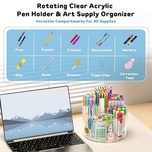 SUPEASY Acrylic Rotating Pencil Holder, 360° Clear Pen & Marker Organizer | Crayon Art Supply Organizer with 6 Compartments and Carry Handle for Desk, Home, Office, Classroom thumbnail 4