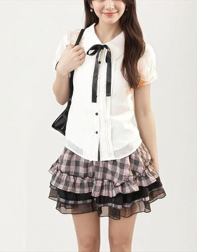 Wayolyn Lolita Shirts Kawaii Cute Clothes Blouse Lace Short Jirai Kei Fashion Puff Sleeve Shirt Ruffle Top with Bow Cutecore thumbnail 3