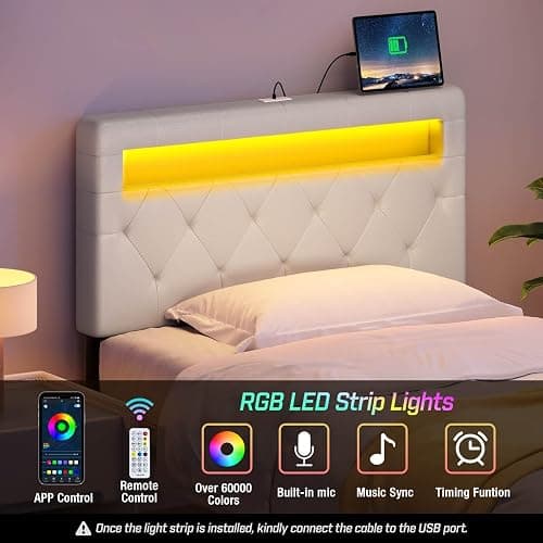 GREENSTELL Headboard for Twin Size Bed with 60,000 DIY Color of LED Light, USB & Type C Post, Attach Frame, Height Adjustable, White Leather Wall Mounted Head Boards Only, Sturdy & Stable, Twin thumbnail 4