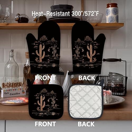 Qeheb Western Desert Black Oven Mitts and Pot Holders Set, Cactus Kitchen Decor, Southwest Western Over Mittens for Kitchen thumbnail 7