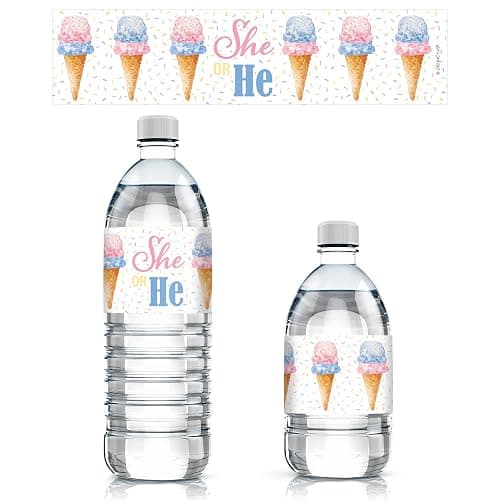 What's The Scoop Gender Reveal Water Bottle Labels, Pink or Blue Ice Cream Gender Reveal Party Waterproof Stickers for Water Bottles - 20 Count - Image 1