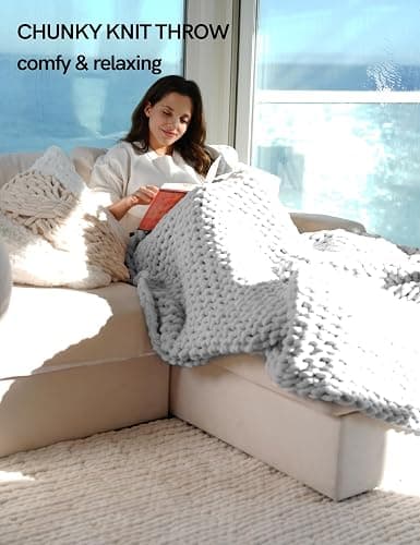YnM Chunky Throw Blanket, Hand Knitted with Chenille Yarn, Skin Friendly, Ventilated and Breathable, Machine Washable, Home Décor Piece for Couch, Sofa and Bed (Glacier Grey, 40x50 Inch) thumbnail 5