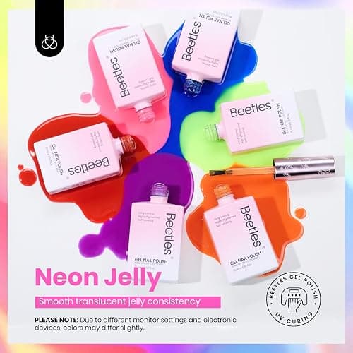 Beetles Jelly Gel Nail Polish Set, 6 Colors Hema Free Summer Neon Gel Polish Yellow Pink Red Blue Purple Orange 15ML Full Size Sheer Translucent Effect Soak Off UV Colorful Bottle Gel Gift for Women thumbnail 5