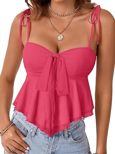 Rooscier Women's Straps Knotted Front Sleeveless V Neck Vintage Peplum Sexy Cami Top - Small - Rose