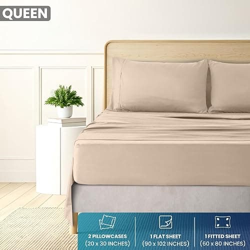 Utopia Bedding Queen Sheet Set - Brushed Microfiber - Soft Bed Sheets for Queen Size Bed Set - Includes 1 Fitted, 1 Flat, & 2 Pillow Cases - Deep Pocket (Beige) - 03 - Beige - Queen thumbnail 2