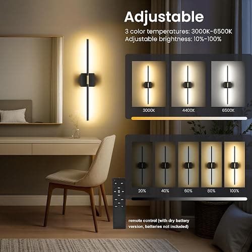 Battery Operated Wall Sconces Set of Two, 10000mAh Rechargeable Wall Lights with Remote Control, 360° Rotate Dimmable Black Gold LED Cordless Lighting for Bedroom, Living Room, Hallway, 29 Inch, 3CCT thumbnail 5