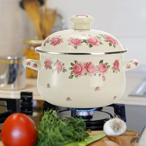 SOUJOY Enamel Stockpot with Lid, 2.8 Quart Retro Cooking Pot, Vintage Floral Stew Bean Simmer Pot with Handle, Kitchen Soup Pot, Safe for Induction Cookers, Gas Stove thumbnail 7