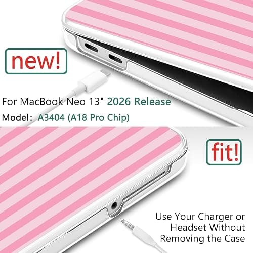 TWOLSKOO for MacBook Neo 13 inch Case 2026 A3404 A18 Pro Chip, Plastic Hard Shell Pattern Case with Type C Adapter, 2 Webcam Covers, Keyboard Cover & Screen Protector, Pink Stripes thumbnail 5