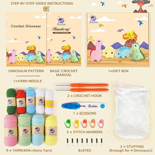 Crochet Kit for Beginners, Beginner Crochet Kit for Adults with Step-by-Step Video Tutorials, DIY Crochet Animal Kits Kids Knitting Supplies, 4 Pack Dinosaurs (40%+ Yarn) Knitting Patterns thumbnail 4
