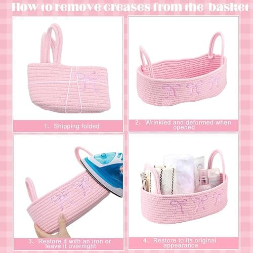 Vesici Pink Bow Woven Storage Basket for Toilet Tank Top Boho Cotton Rope Bathroom Countertop Organizer Basket with Handle Pink Bathroom Decor for Bedroom Nursery Toys Organizing, 13 x 6 x 4 Inch thumbnail 6
