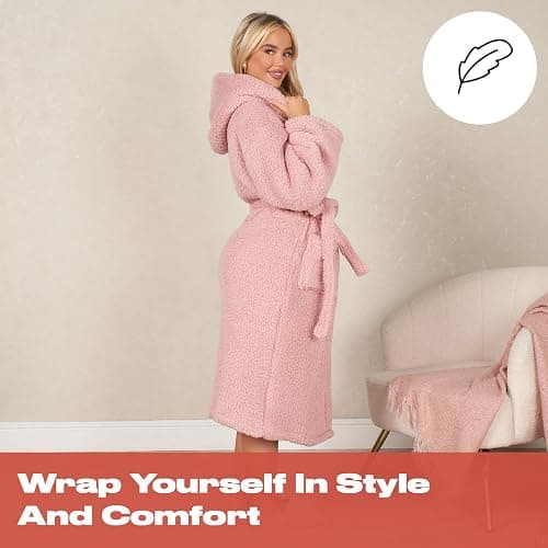 OHS Womens Dressing Gowns Teddy Fleece, Warm Cosy Fluffy Dressing Gown Bathrobes Women Hooded Luxury Oversized Ladies Mens Dressing Gown, One Size thumbnail 3