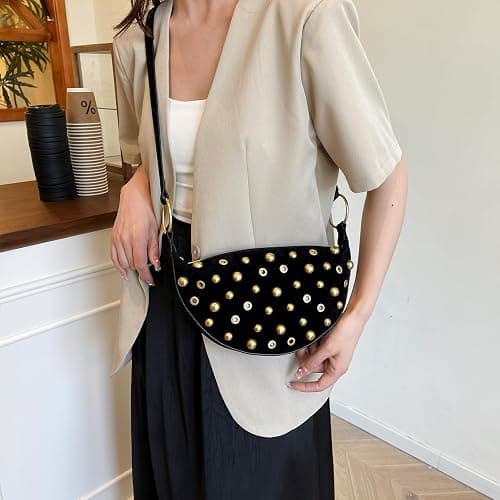 OWGSEE Studded Purse Trendy Studded Handbag Hobo Crescent Bags Y2K Shoulder Bag Suede Purses for Women thumbnail 3