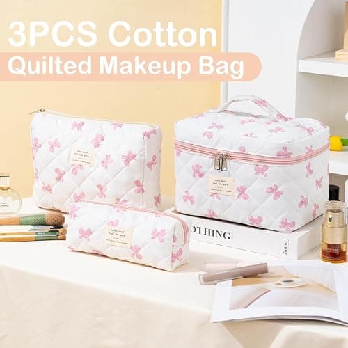 UYUUY Makeup Bag for Women 3PCS Quilted Cotton Make Up Bag Travel Cosmetic Bag Large Makeup Bag Set Cute Bow Makeup Bag Organizer Floral Toiletry Bag Makeup Pouch for Purse - White thumbnail 4