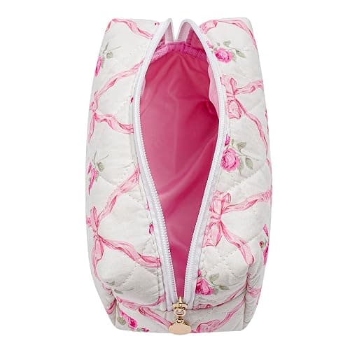 HHQQWZ Travel Makeup Bag, Cosmetic Bag for Women Girls, Floral Flowers Toiletry Organizer, Portable Storage Bag, Pink Bowknot/Gold Zipper thumbnail 2