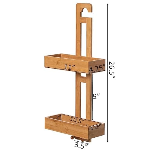 Basicwise Bathroom Multi-function Natural Bamboo Storage Rack Over Shower Head Organizer, Shower Ball, Shampoo, Conditioner, Soap Holder thumbnail 3