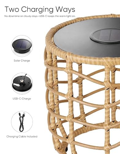 PARTPHONER Boho Solar Outdoor Side Table with Built-in Lights Set of 2, All-Weather Wicker Nesting Tables, Round Waterproof Accent End Table Design for Patio, Porch, Garden & Balcony, Natural Brown thumbnail 4