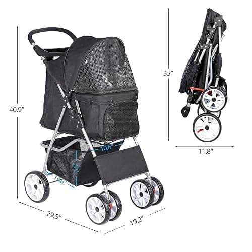 ZENY Foldable Pet Stroller, Cat/Dog Stroller with 4 Wheel, Pet Travel Carrier Strolling Cart with Storage Basket, Cup Holder (Black) thumbnail 3